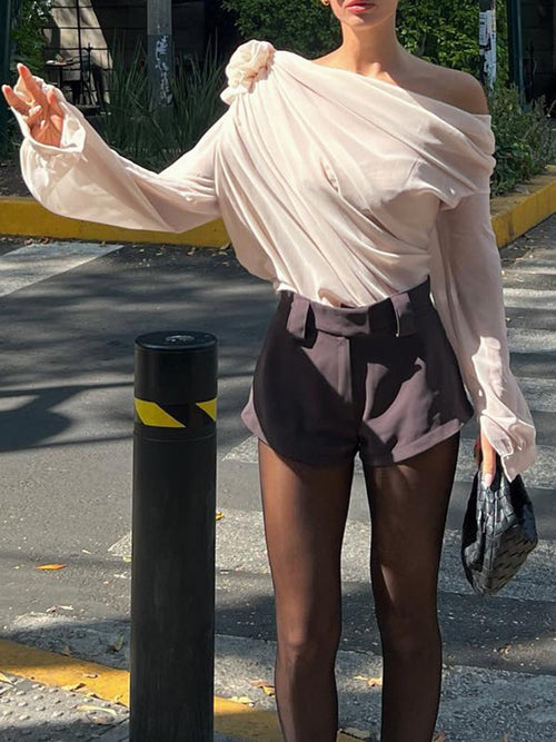 Bluză asimetrică pe un umăr din şifon semi-transparent